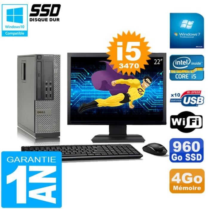 PC DELL 7010 SFF Core I5-3470 Ram 4Go Disque 960Go SSD Graveur Wifi W7 Ecran 22