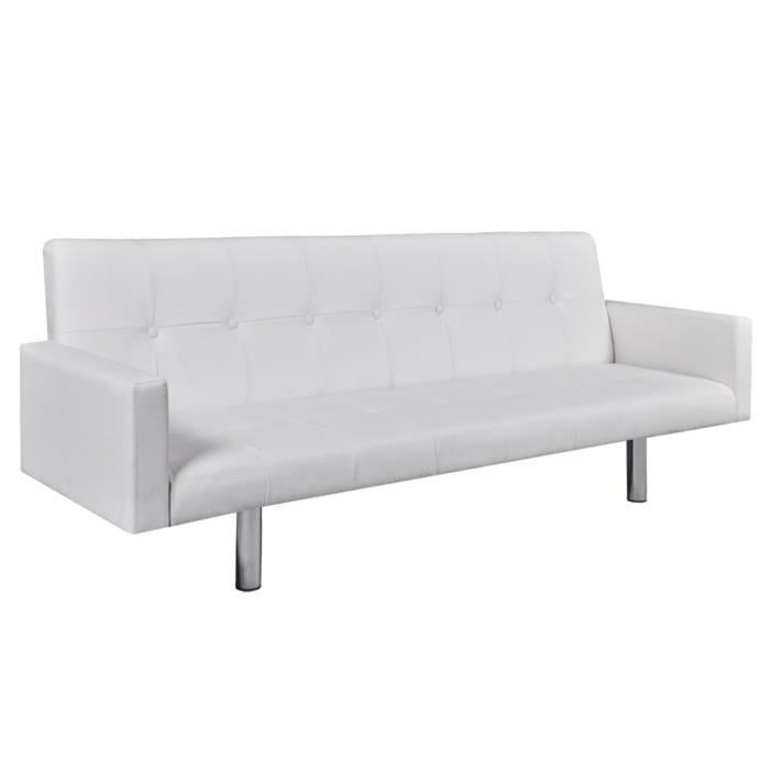 Canapé-lit convertible polyvalent de 3 positions en cuir artificiel + Bois de couleur Blanc