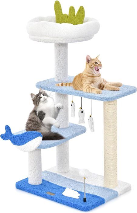 arbre à chat multiniveaux - goplus - style océanne - avec grattoir en sisal - boule - 3 jouets suspendus - perchoir supérieur -