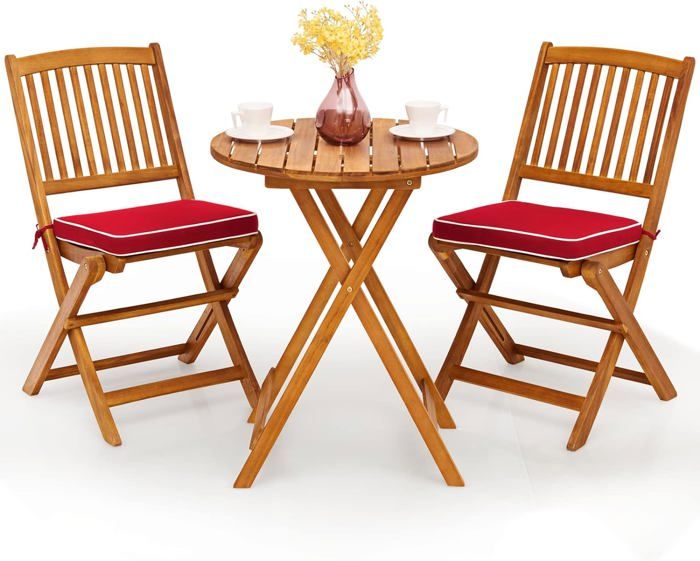 GOPLUS 3PCs Salon de Jardin Pliant-2 Chaises+1 Table+2 Coussins en Bois dAcacia-Table et Chaise pour Jardin/Terrasse Rouge