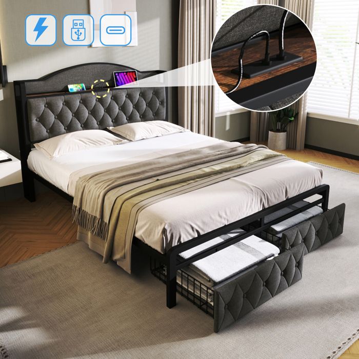 lit adulte 180x200 cm avec 2 tiroirs, tête de lit avec chargement usb type c, cadre de lit en fer à lattes, lin, gris