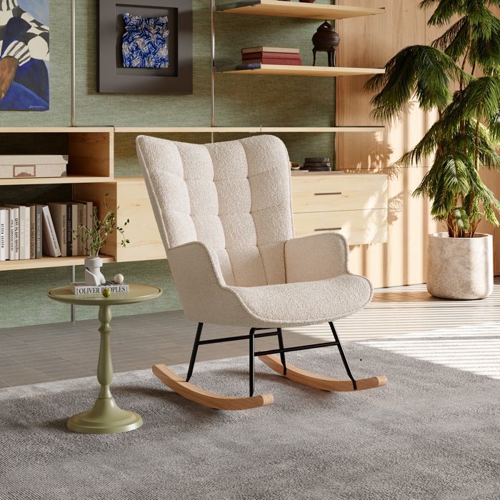 Fauteuil à bascule-GARHELPER-Fauteuil lounge fauteuil de lecture velours teddy beige dossier à carreaux