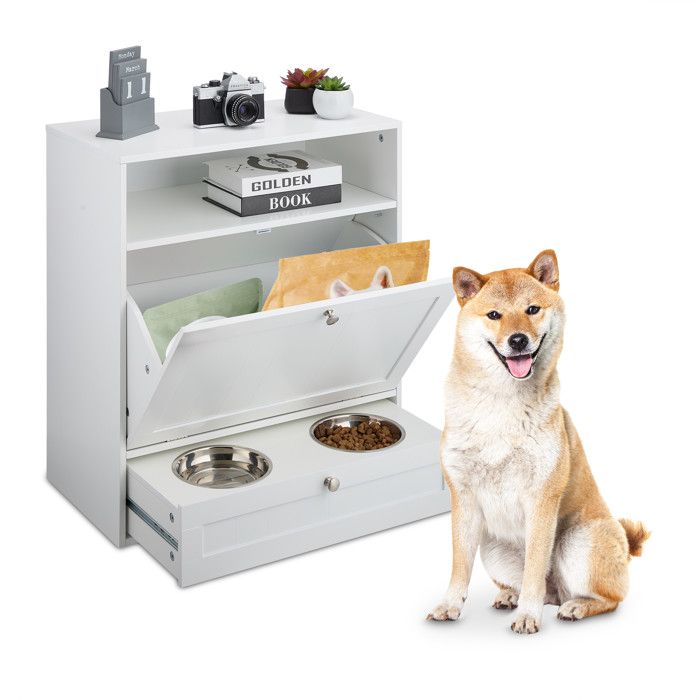 Comparer les prix de Relaxdays Armoire pour chien tiroir avec 2 bols compartiment pour nourriture h x l x p : 68 x 60 x 33 cm MDF blanc
