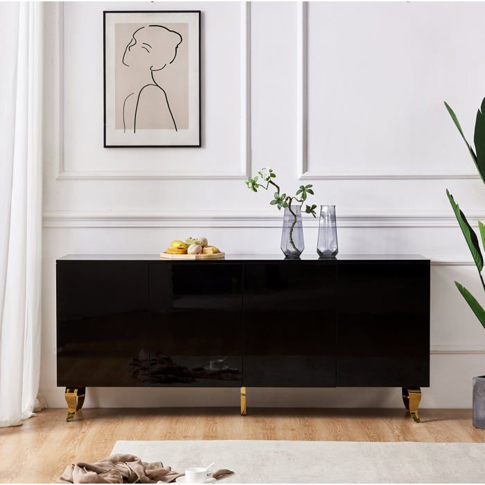 Buffet BAROQUE – Laqué Noir Pieds Dorée – 4 Portes – 180x40x80 cm