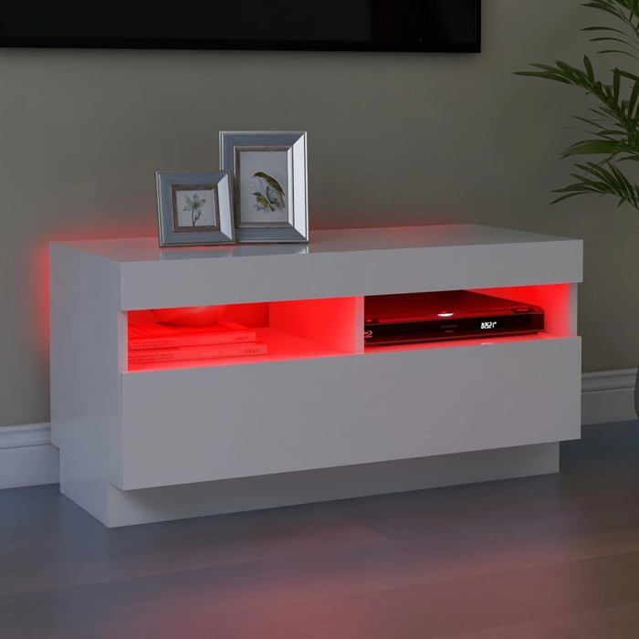 Blanc Meuble TV - SOLOMON - Table de Télévision avec lumières LED blanc 80x35x40 cm LV341