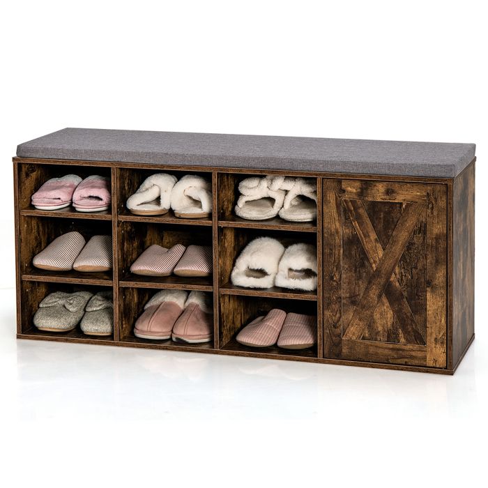 COSTWAY Meuble à Chaussures avec Coussin en Lin Rembourré - Étagères Ajustables 9 Cubes de Rangement Meuble d’Entrée Marron COSTWAY Meuble à Chaussures avec Coussin en Lin Rembourré - Étagères Ajustables 9 Cubes de Rangement Meuble d’Entrée Marron