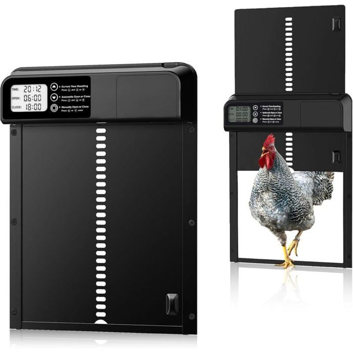 Porte Automatique Poulailler Minuterie LCD Anti-pincement Piles Alliage Aluminium Étanche