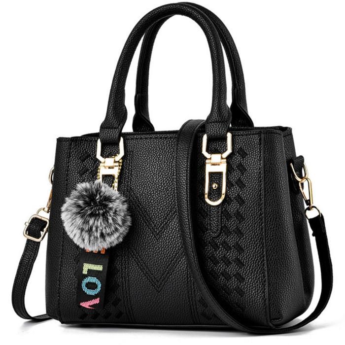 Sac à Main Femme Noir Portée Bras ou Bandoulière PU Cuir Pompon LOVE - Sac Élégant Grande Capacité Place Shopping