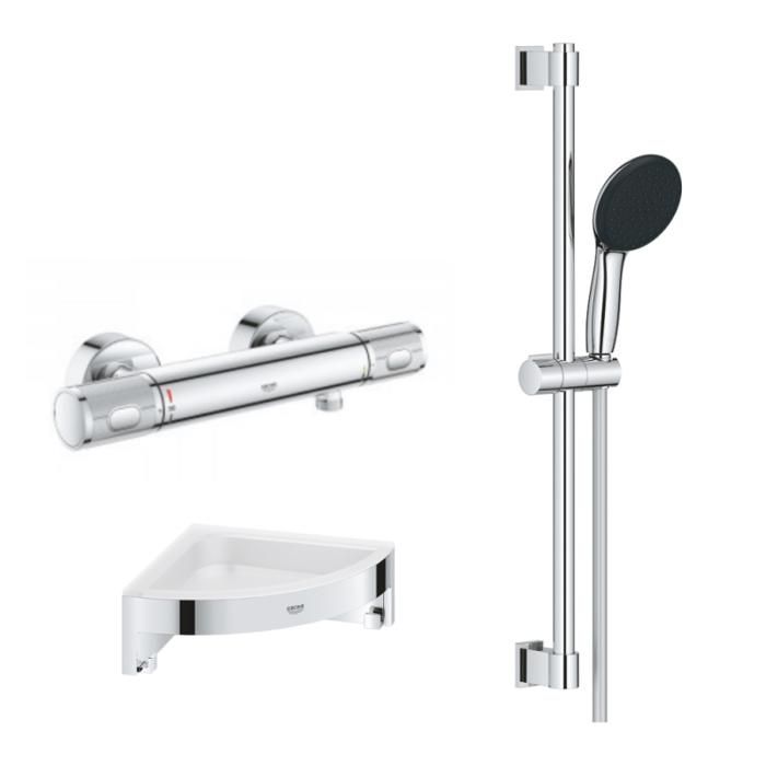 Grohe Mitigeur douche thermostatique Precision Feel + Ensemble de douche Start 2 jets avec barre + Tablette d'angle