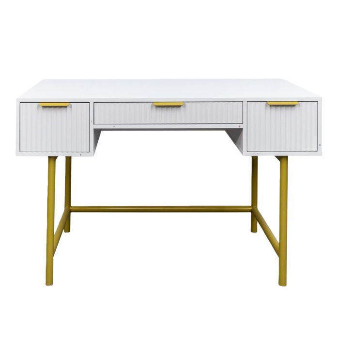Bureau multi-tiroirs 121x60x76 cm pieds métal glissière triple bureau chambre rangement pratique et élégant Blanc