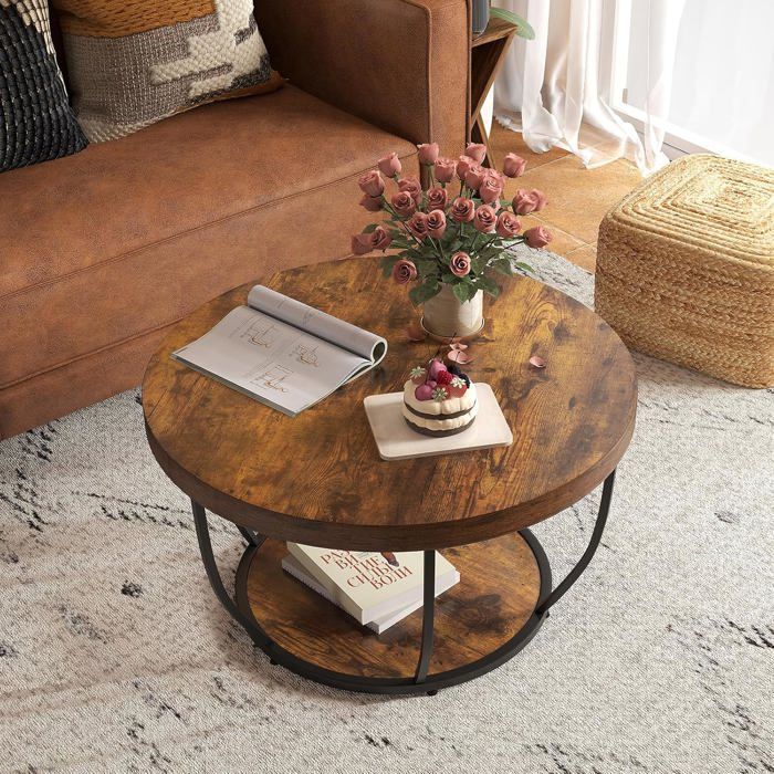GIANTEX Table Basse Ronde à 2 Niveaux D.80x45CM-Cadre en Métal Robuste et Plateaux en Bois-Style Industriel Brun