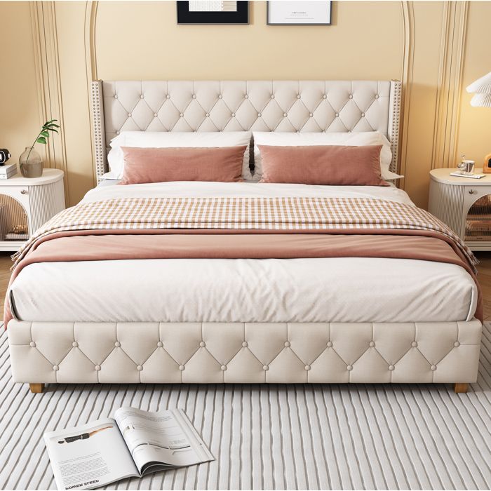 Lit double beige 180×200 cm sommier inclus tête de lit capitonnée structure solide montage nécessaire