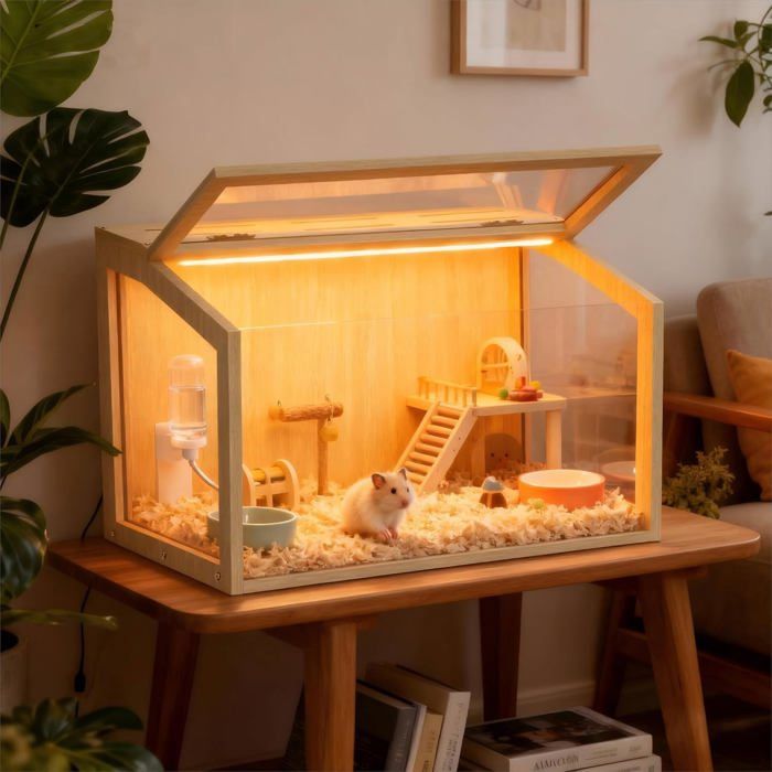 Cage pour hamster - UNHO - 60x40x40 cm - Verre trempé & contreplaqué - Parois transparentes - Éclairage LED