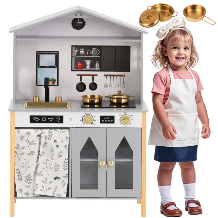 Cuisine Enfant en Bois et Plastique Cuisine Jouet avec Accessoires pour Filles et Garçons dès 3 Ans Grise 285x60x92cm