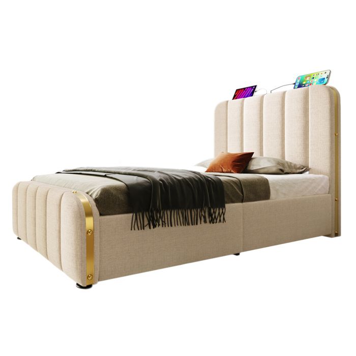 Hydraulisches Einzelbett 90x200 cm mit gepolstertem Kopfteil goldenen Streifen und USB Typ-C beige Leinen