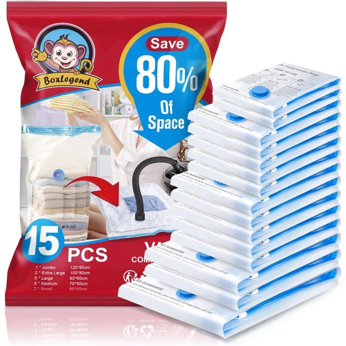 Sacs sous vide 15 pièces (1 XXL + 2 XL + 5 L + 5 M + 2 S) housses réutilisables vêtements literie matelas voyage