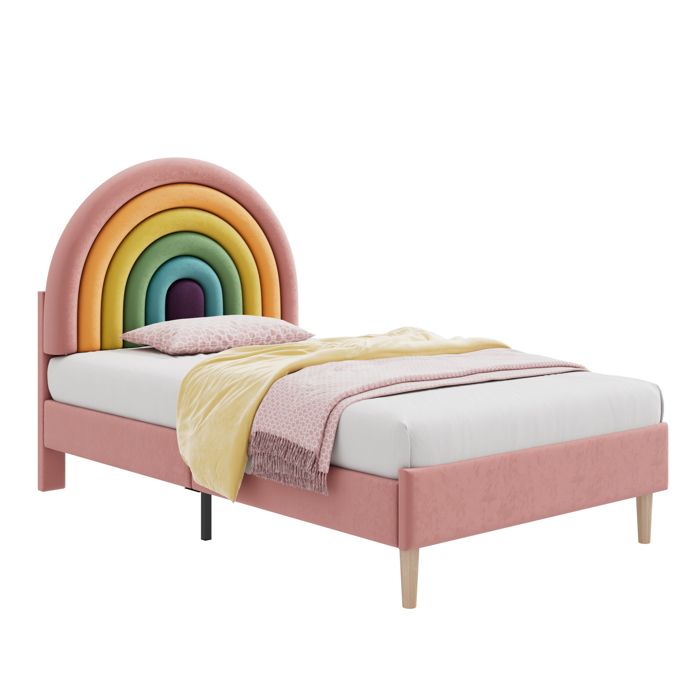 Lit capitonné 1 place 90x200 cm – Velours rose – Sommier à lattes en bois – Tête de lit réglable