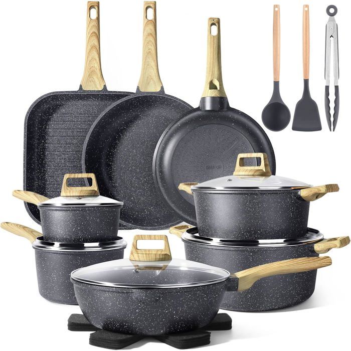 Batterie Cuisine 21 Pièces Granit Antiadhésif Poêle Casserole Wok Grill Et Cocotte Tous Feux Lave-Vaisselle Noir