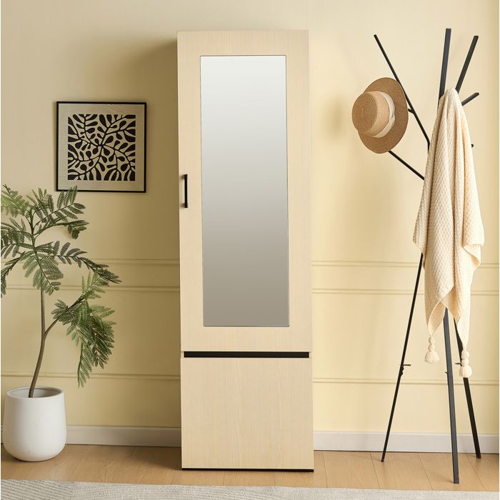 WUVRIE Armoire vestiaire étroite avec miroir tringle extensible MDF décor bois clair 54 x 34 5 x 179 5 cm