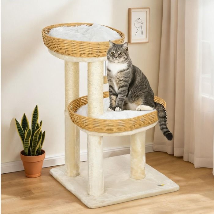 Arbre à chat en panneau de particules beige 75 5 cm avec deux lits en rotin et griffoirs