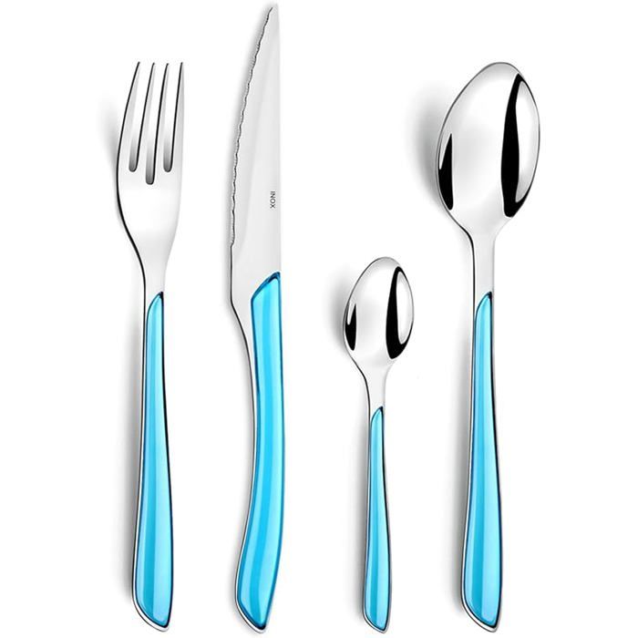 Ménagère 24 couverts de table pour 6 personnes Ect Acier 18/0Finition Brilnte Bleu Bleu Turquoise bleu ENSEMBLE USTENSILES