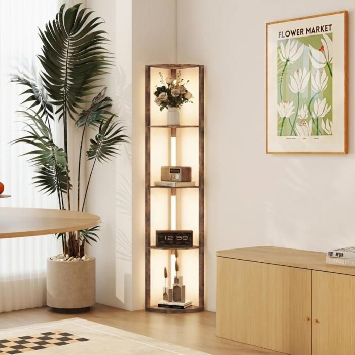 Lampe d’angle étagère 5 niveaux LED lumière chaude 3000K marron rustique salon chambre déco 41 × 29.5 × 163.5 cm
