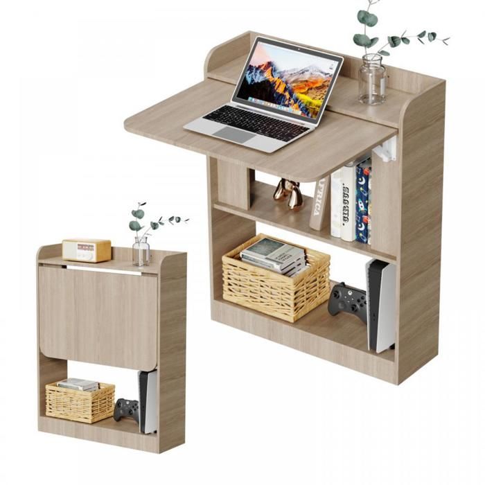 B.LIVEM Bureau Pliable avec 3 Étagères Bureau avec Rangement Bureau Gaming avec Plateau Table de Travail Couleur Bois