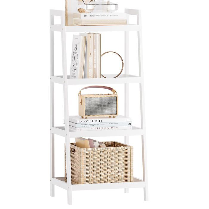 Bibliothèque échelle autoportante en bambou - 4 niveaux 99 cm - étagère de rangement blanche pour chambre cuisine ou balcon