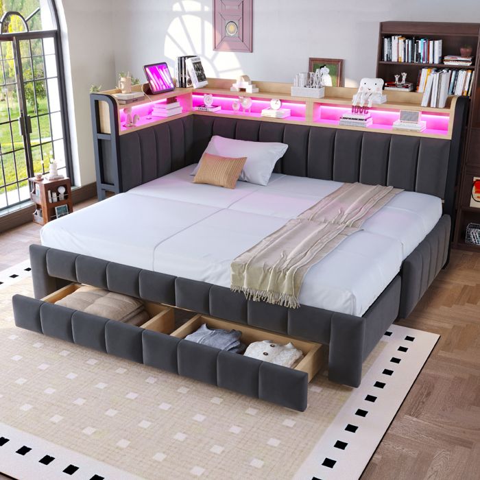Banquette-lit rembourrée 90/180 × 200 cm avec couchage extensible tiroirs de rangement rangements intégrés Gris foncé