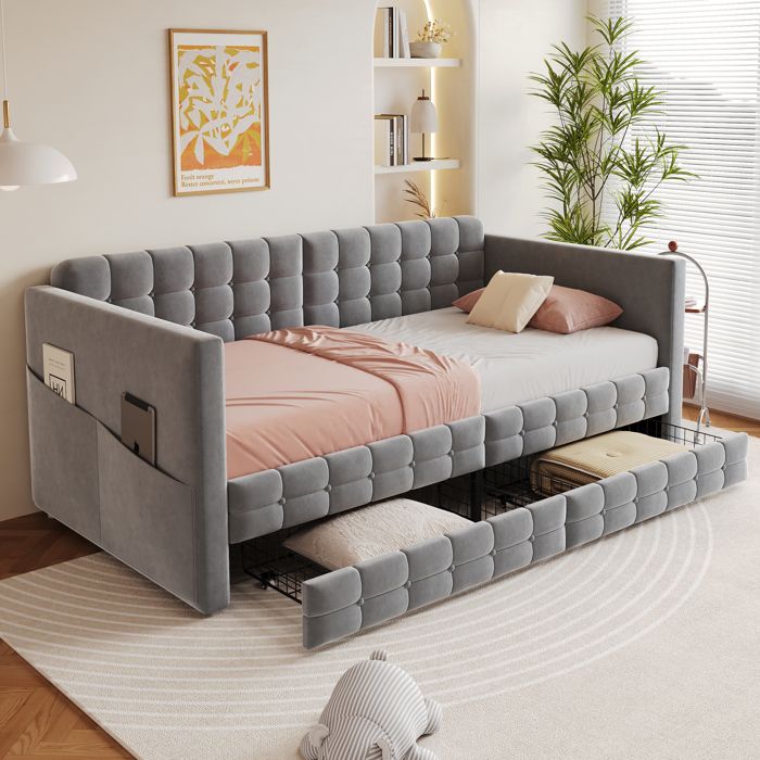 Lit banquette rembourré 90x190 cm en velours dans un coloris gris sommier à lattes inclus tiroirs de rangement tête de lit