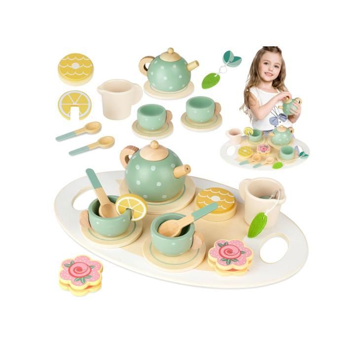 Services à Thé en Bois 14Pcs Tea Party Jeux de Rôle Service à Thé Jouets Dinette en Bois Enfant Jouet Éducatif Éveil Noël Enfant