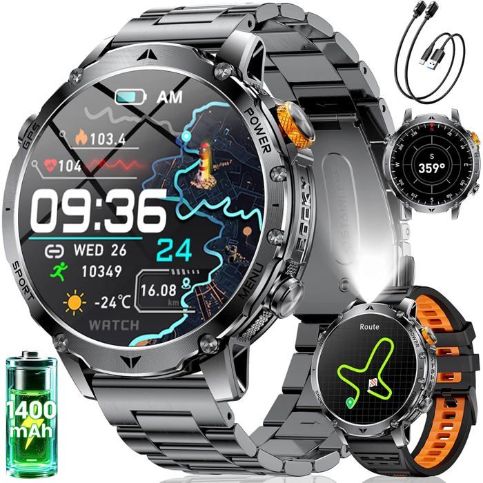 Montre Connectée Homme GPS Avec Batterie 1400mAh Altimètre Boussole Appels Bluetooth Écran HD 1 7 Lampe LED 120+ Sports Cardio
