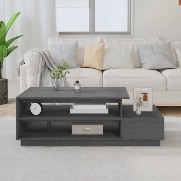 Table basse - AKOZON - 120x50x405 cm - Bois massif de pin - Couleur gris - Design contemporain