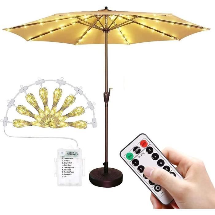104 leds lampes pour parasol avec télécommande, 8 modes lampe parasol de patio à piles, ip67 étanche guirlandes lumineuses idéales