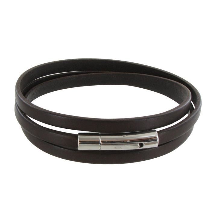 Les Poulettes Bijoux - Bracelet Homme Cuir Marron Foncé Plat Fermoir Acier Inoxydable - taille 19 cm