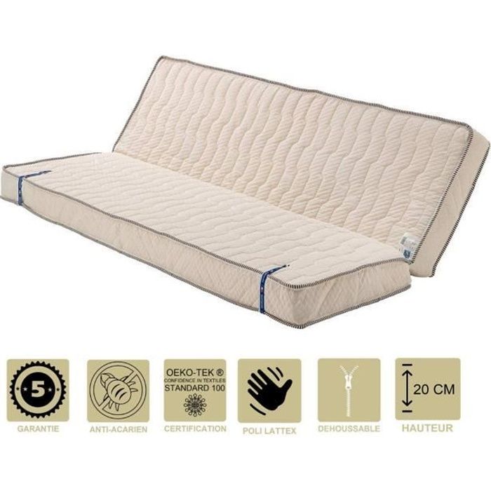 Literie -Matelas Très Ferme Pour Clic Clac 140x200 x 20 cm - Dim Assise 70 cm - Déhoussable Housse Lavable - 5 zones de Confort -