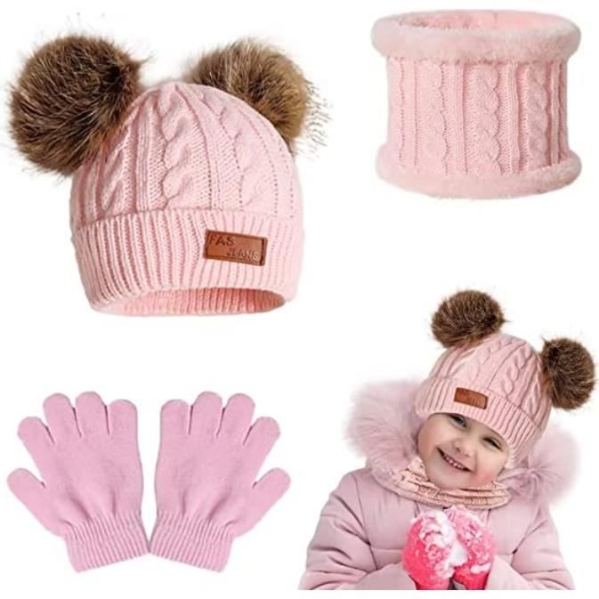 3 en 1 Bonnet Enfant Fille, Poudre de peau Ensemble Bonnet Echarpe