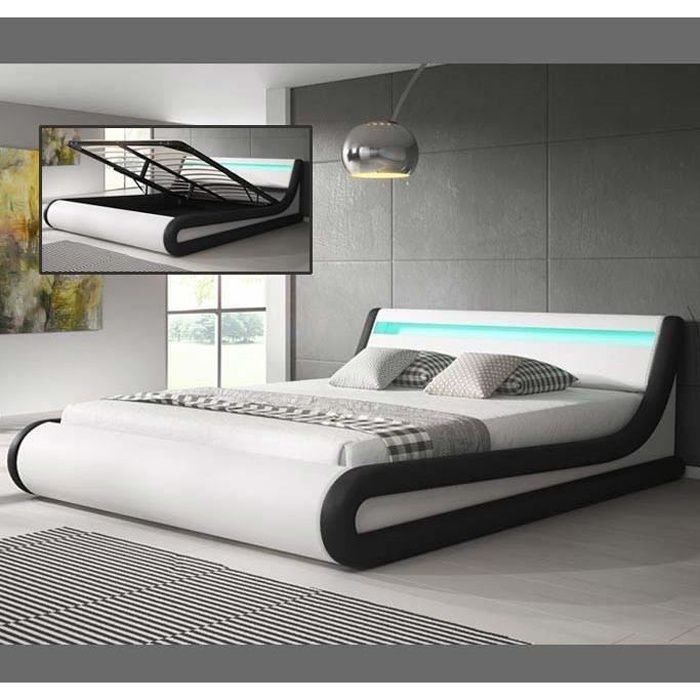 lit coffre - parisina - led blanc et noir - 150x190cm - rangement