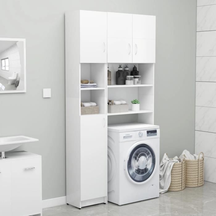 Armoire de salle de bain - SWT - Blanc - 32x255x190 cm - 4 étagères avec portes - Montage à poser au sol