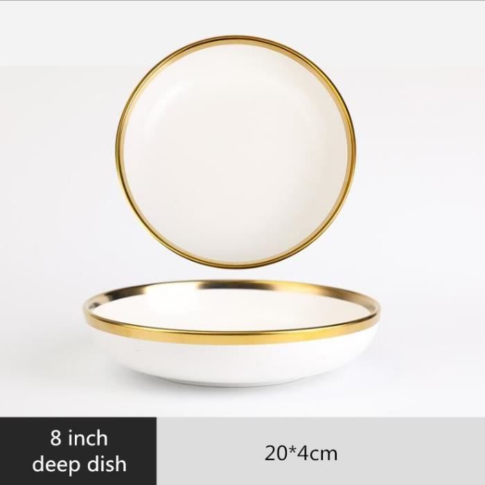 plats et assiettes,doré jante blanc porcelaine dîner assiette ensemble cuisine assiette céramique vaisselle - type 8 inch deep dish