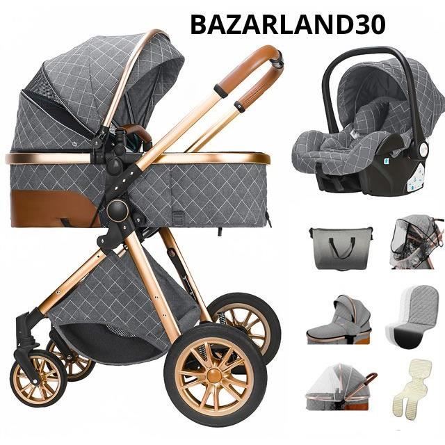 BAZARLAND30 Poussette 3 en 1 Bébé Combinée Siège-Auto Nacelle Trio Réversible Réglable Haute Qualité Roues increvables BLEU gris