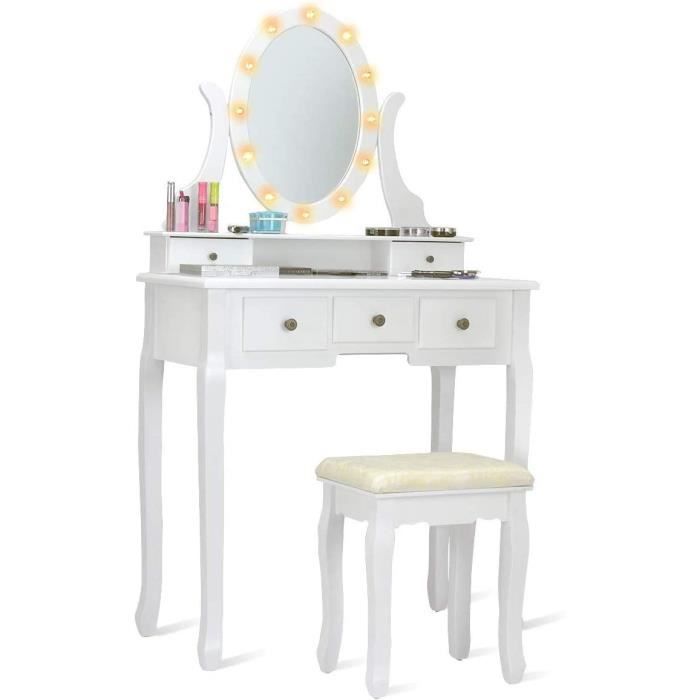 coiffeuse costway - blanc - miroir ovale rotatif - 5 tiroirs - tabouret confortable