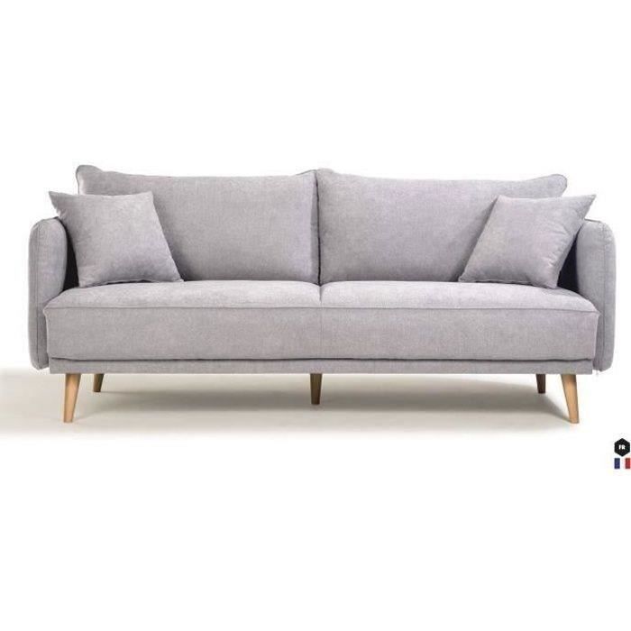 Canapé Fixe 3 places DAREN -Tissu Gris clair - Style scandinave -2 Coussins Déco - L 207 x P 90 x H 