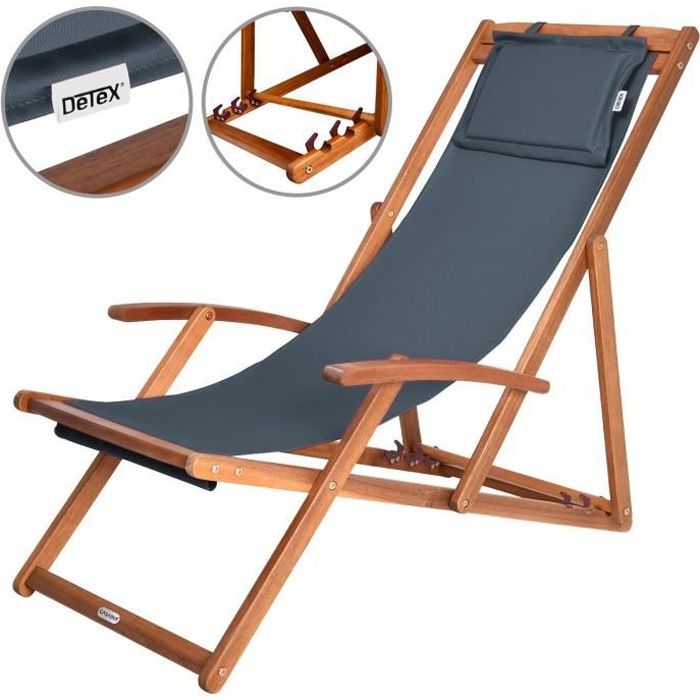 CASARIA® Chaise longue pliante en bois anthracite Chaise de plage 3 positions Chilienne transat jardin exterieur