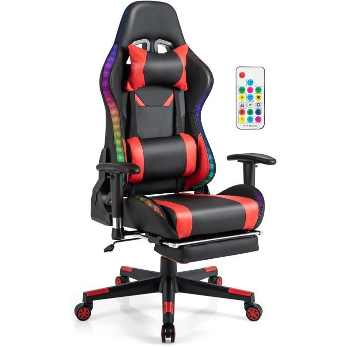 giantex chaise gamer led pivotante 360° avec dossier inclinable,accoudoir réglable et pivotant,repose-pieds rétractable