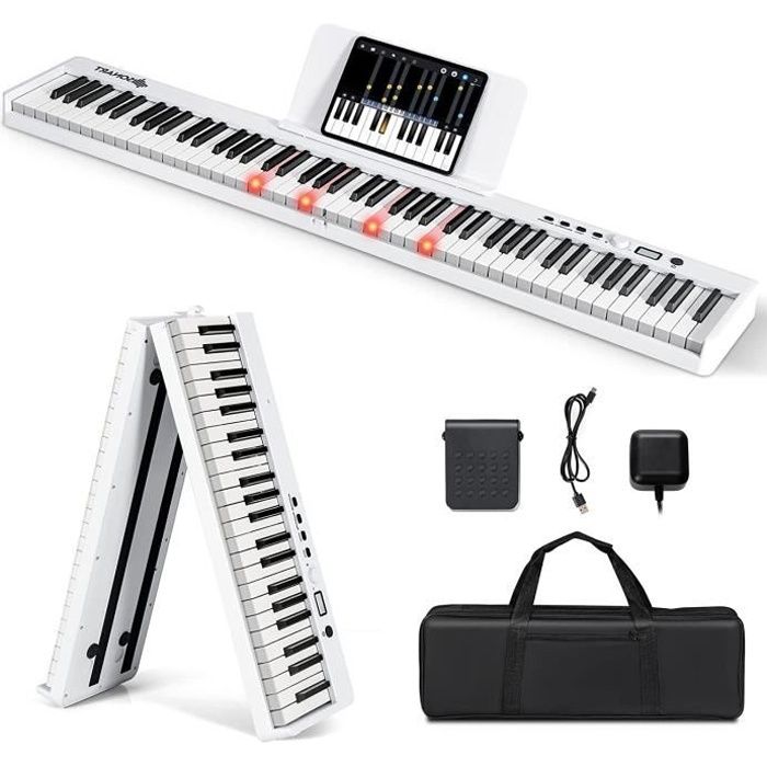 GOPLUS Piano Numérique 88 Touches Pliable,Double Clavier Lumineuses avec Pédale de Sustain, Pupitre de Partition,MP3/USB/MIDI,Blanc