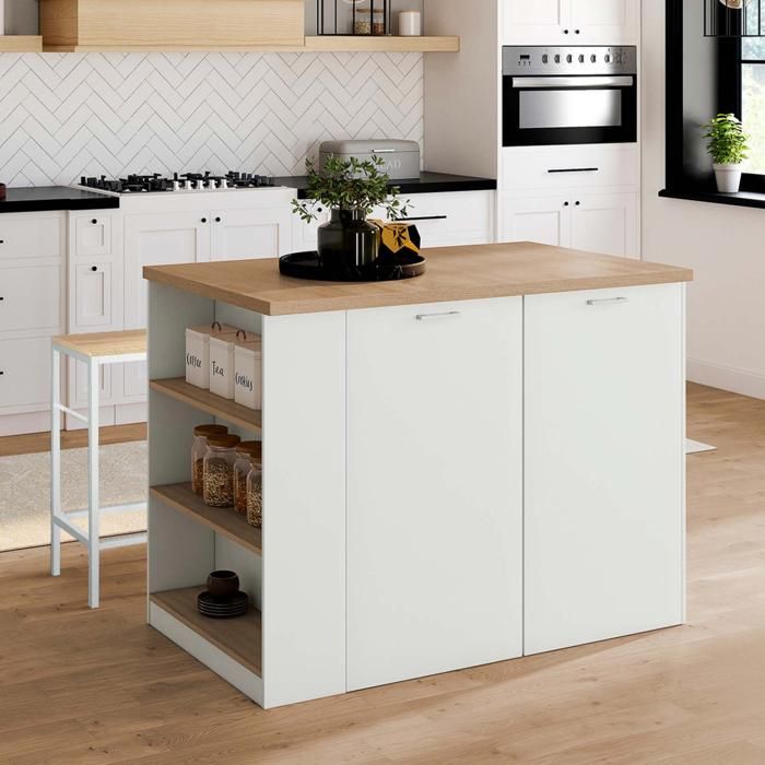 Îlot Central Blanc IVO 120 Cm Avec Plan De Travail Hêtre - IDMarket | Gain De Place Cuisine