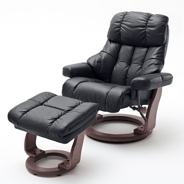 fauteuil relax clairac xl assise en cuir noir pied en bois couleur noyer avec repose pied noir cuir inside75