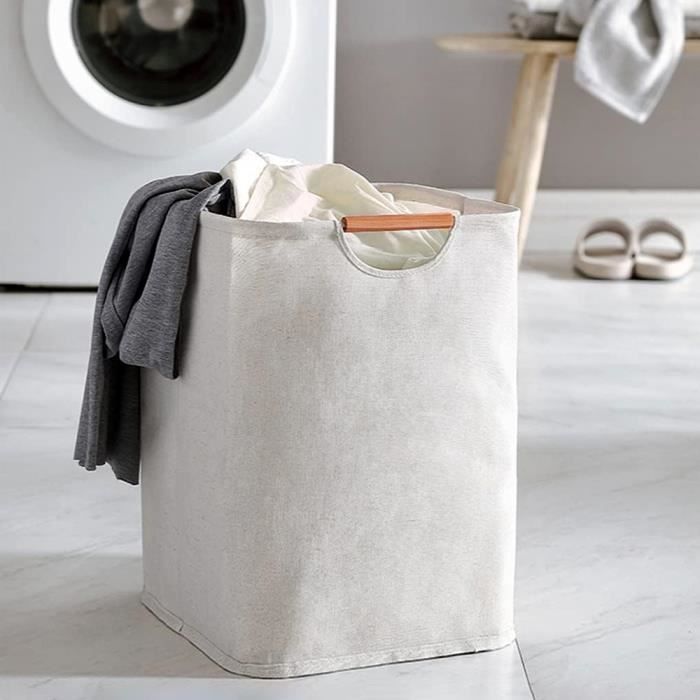 Panier à Linge-40x54x27cm-Avec Manche en Bois-Grand Panier à Linge Sale-Chambre Salon Chambre Enfants Salle de Bain (58L)