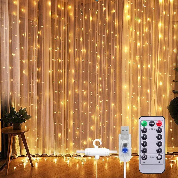 Rideau Lumineux LED 300 Lumières étanche IP54 - 6x1 M, Télécommande, 8 Modes, Minuterie, Alimentation Piles (blanc Chaud) - 6